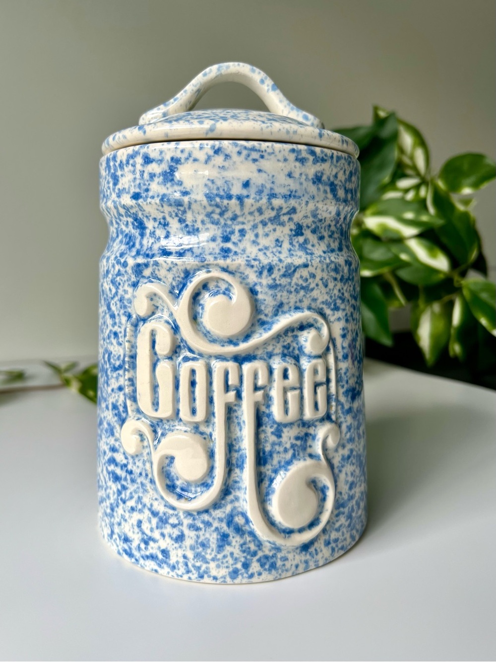 Vintage Blue & White Spongeware Ceramic Coffee Canister TREASURE CRAFT Pottery